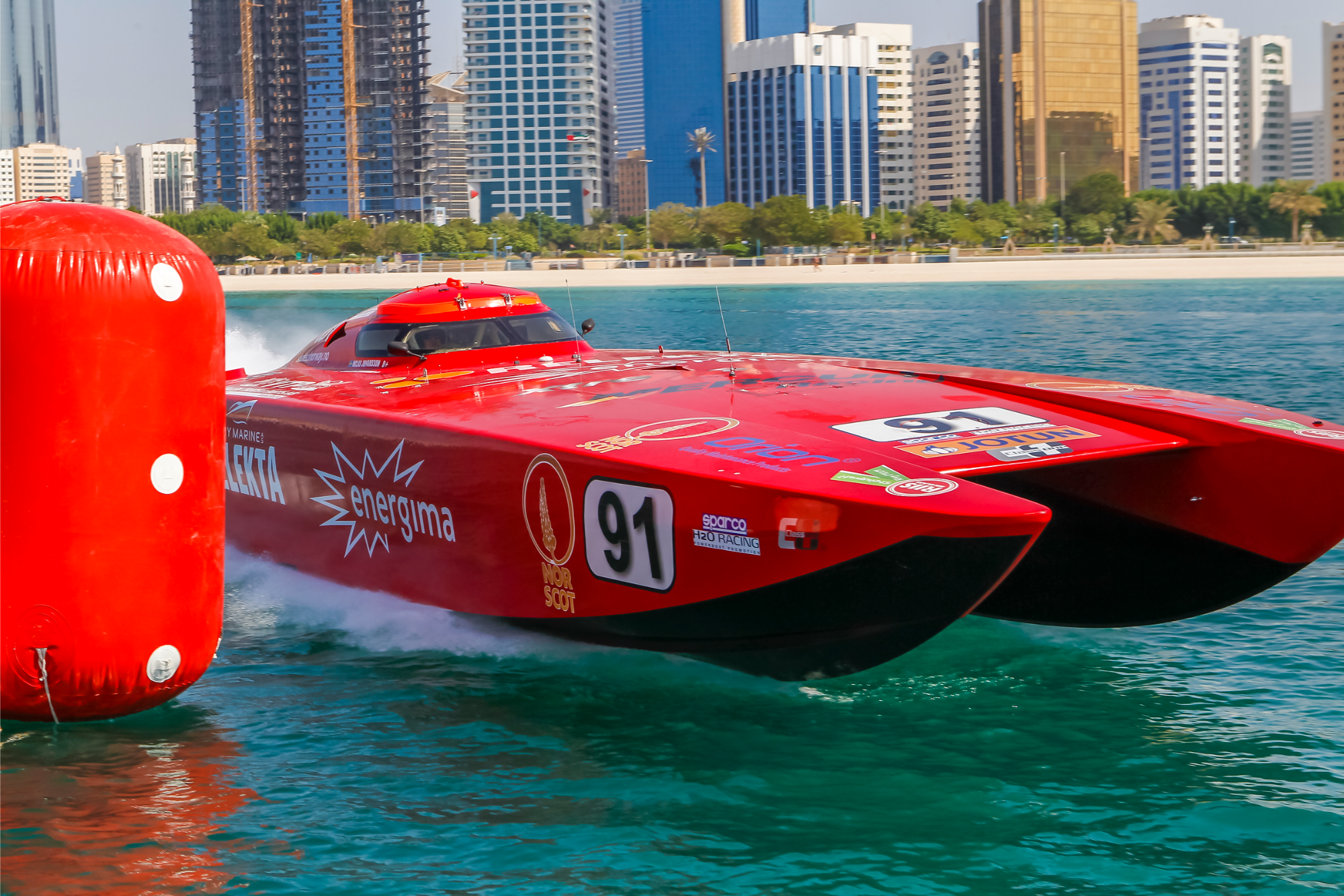 Red offshore catamaran number 91