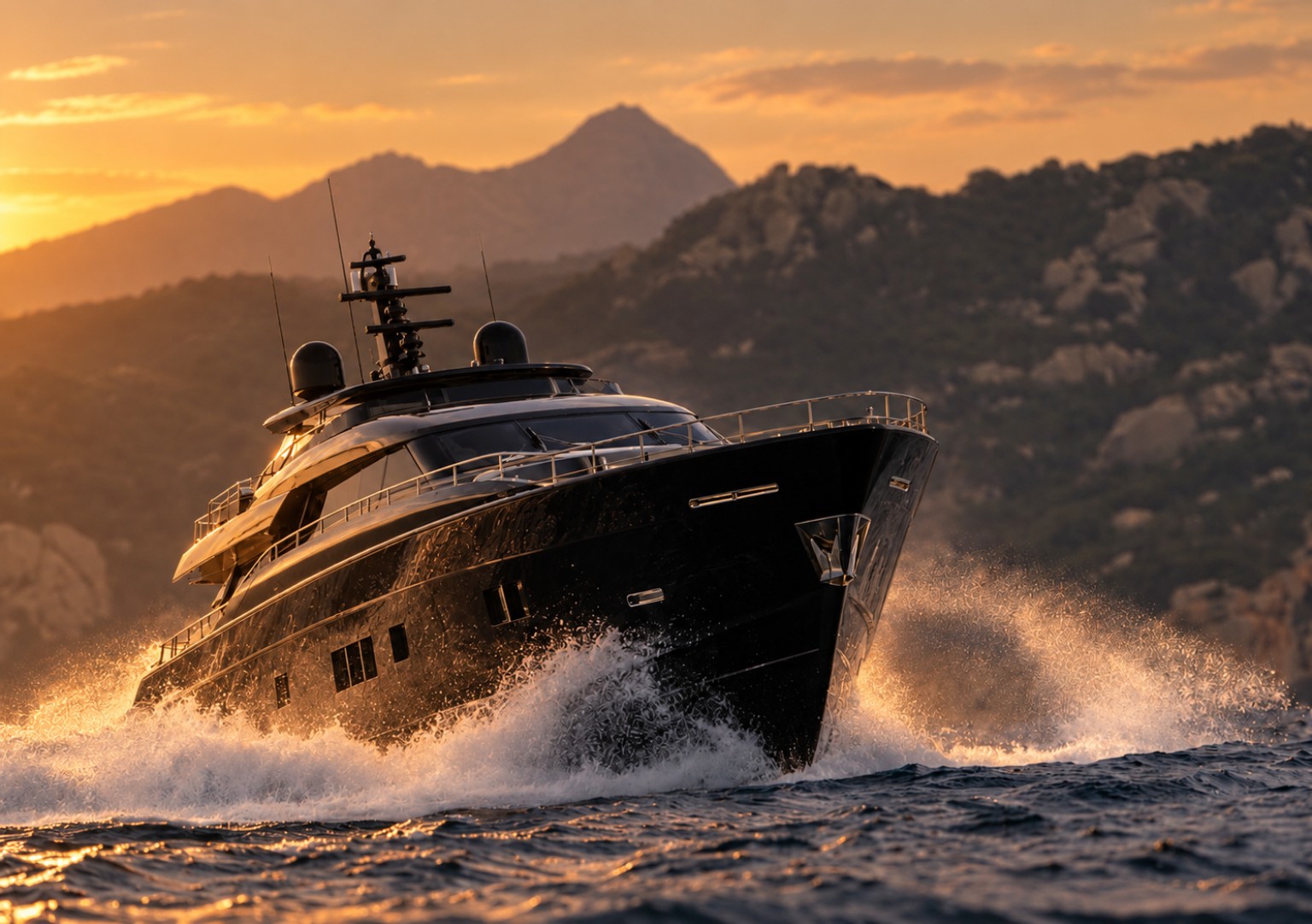 Luxury motor yacht underway at sunset