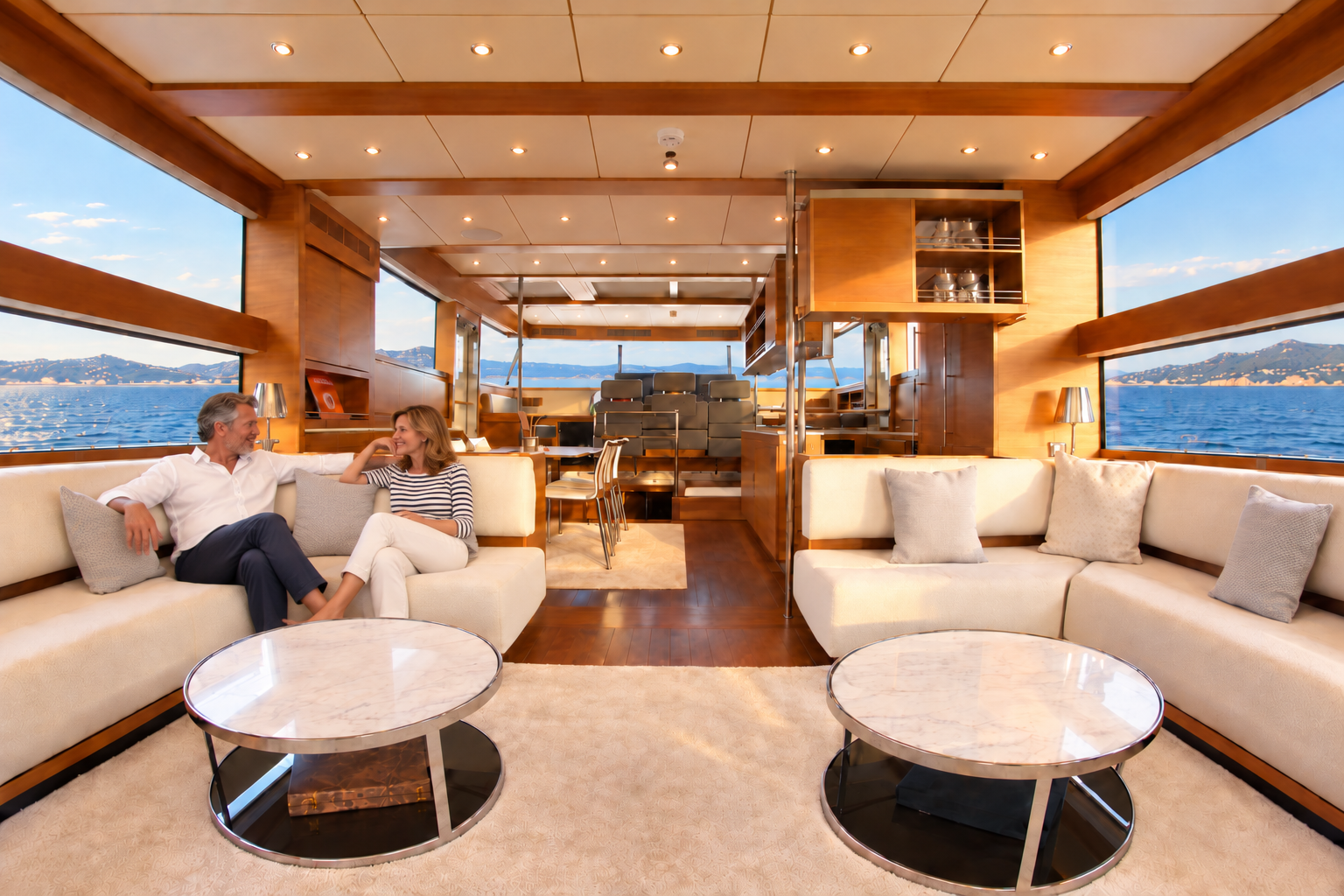 A couple relaxing in the yacht lounge